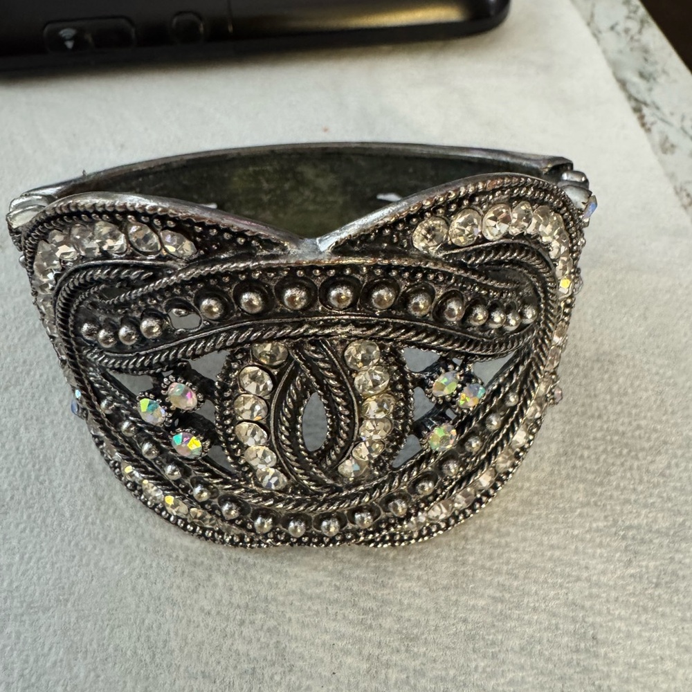 Intricate Silver Crystal Cuff Bracelet